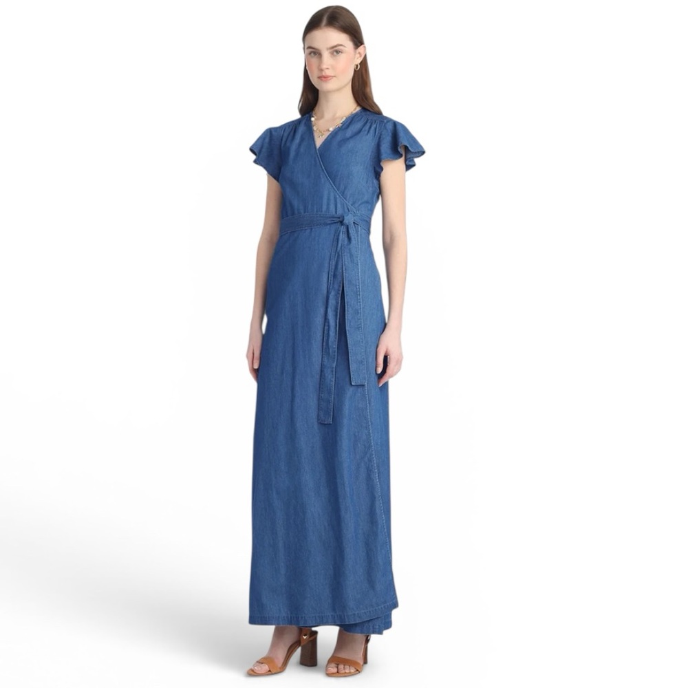 Draper James Reagan Denim Blue Maxi Dress Women’s Size 0 100% Cotton Wrap Dress